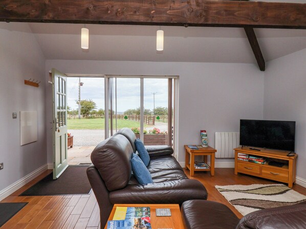 A living room with a leather sofa, a coffee table, a television on a wooden stand, and a view through a glass door to an outdoor area.
