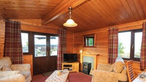 A cozy log cabin interior with a fireplace, a television, and plaid curtains. - Hawthorne Lodge (Saltburn-by-the-Sea)