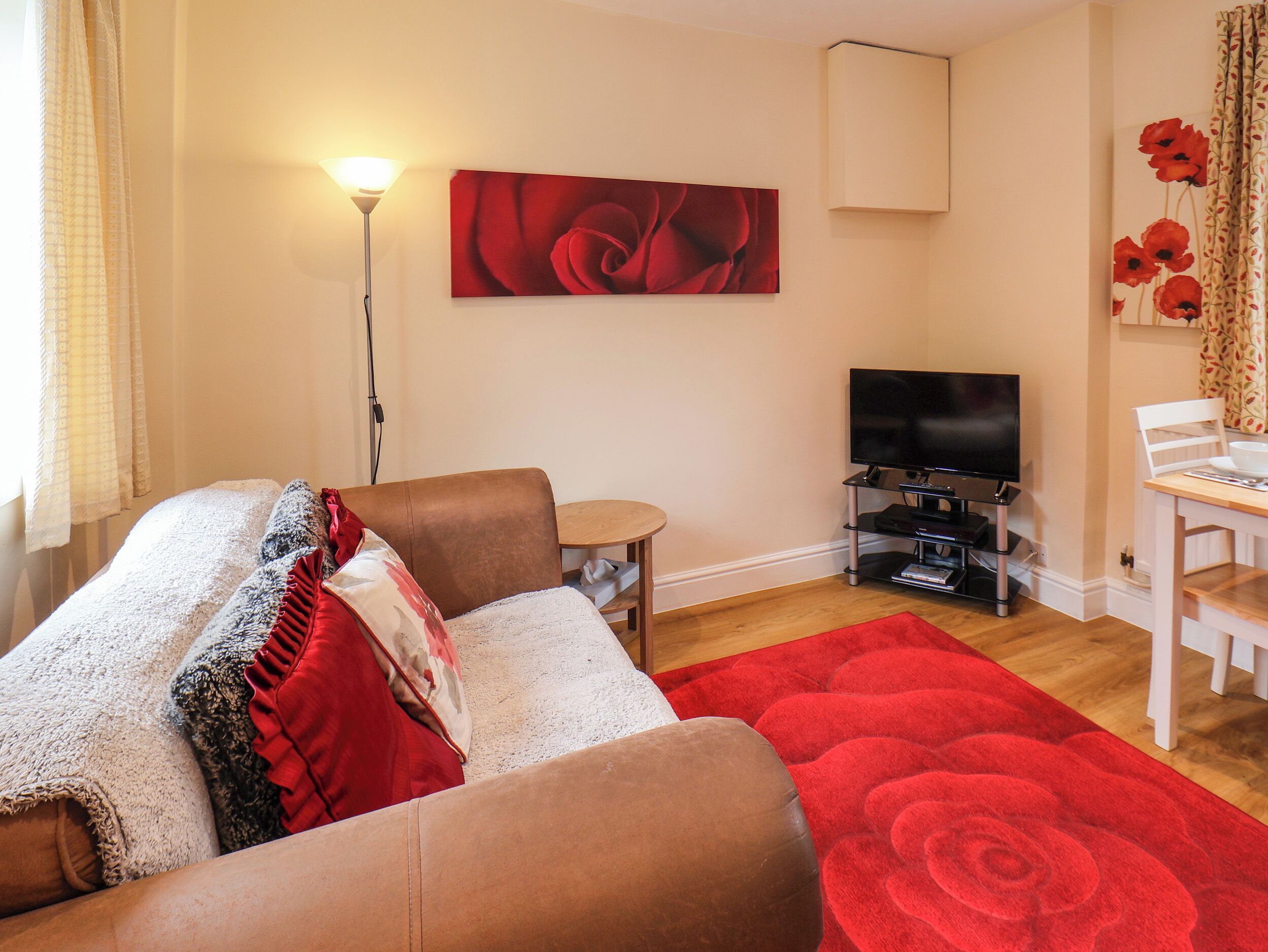 Una sala de estar con un sofá, un tapete rojo, un televisor sobre un mueble bajo y un cuadro en la pared.