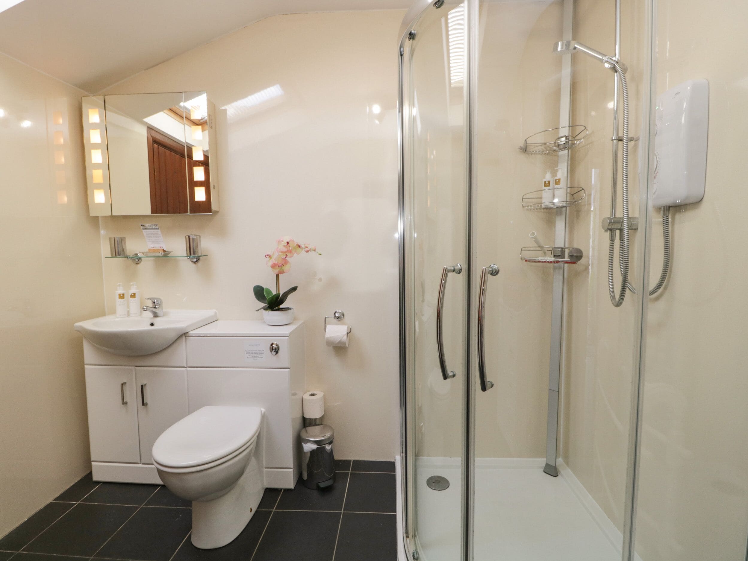 A modern bathroom with a toilet, sink, and glass-enclosed shower.