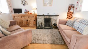 A cozy living room with two sofas, a fireplace, wooden cabinets, and a television. - Bron Heulog Cottage (Beaumaris)