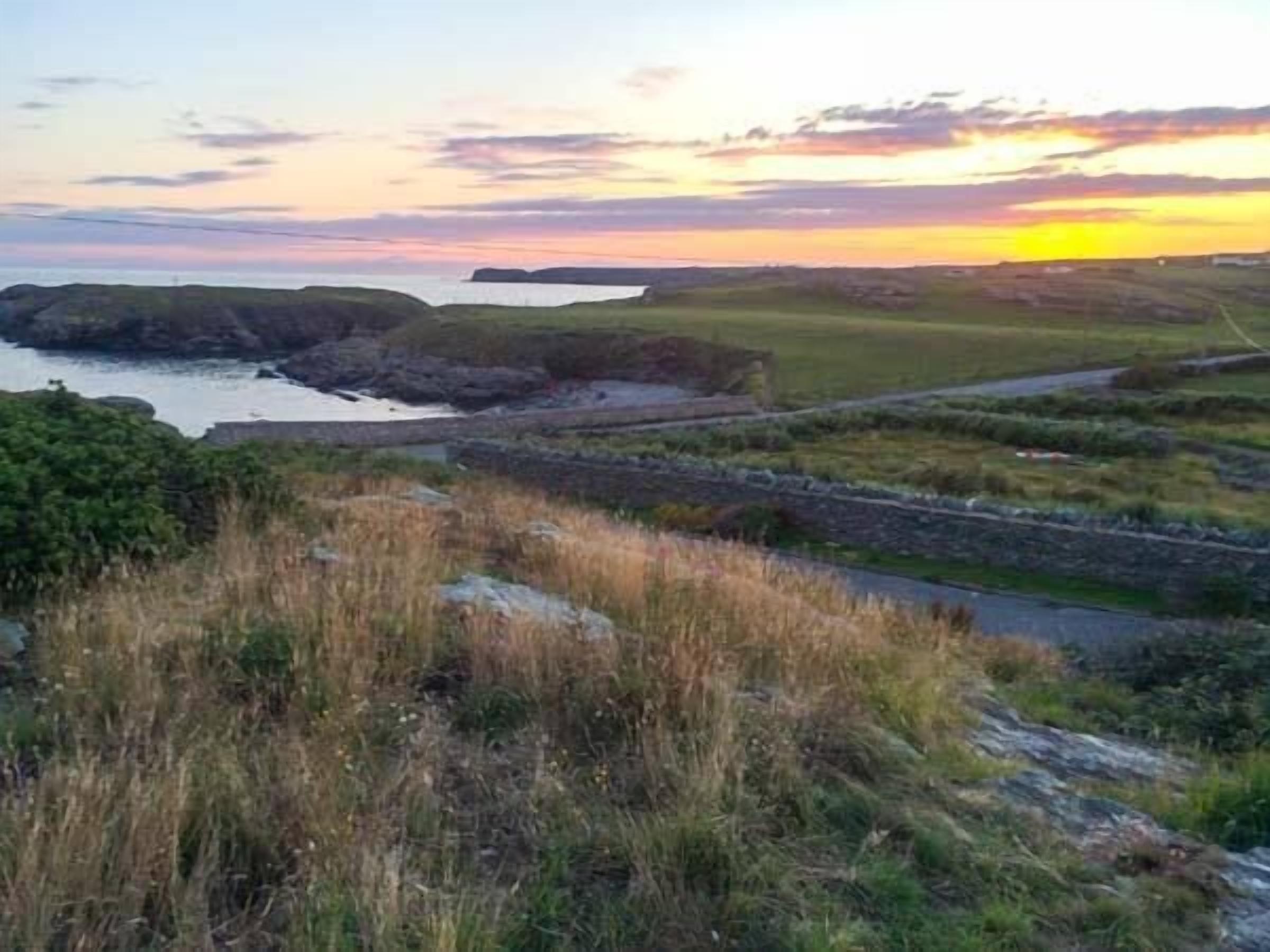 A coastal landscape with a sunset, grassy fields, and a stone wall.