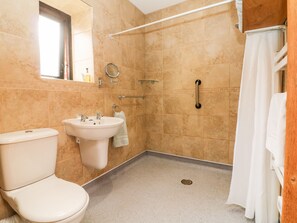 Bathroom features a white toilet, sink, and shower with grab bar for added safety.