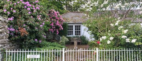 A cottage with a stone wall, a white fence, and a sign reading "TownHill Cottage."