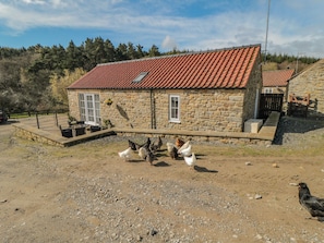 A stone house with a red-tiled roof, a small garden, and chickens in the foreground.