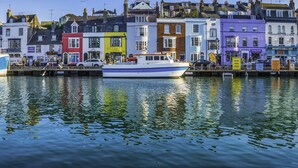 A waterfront with a boat docked at a pier, surrounded by colorful buildings with various shops and signs. - Budmouth (Weymouth)