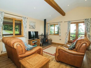 A living room with leather sofas, a television, a fireplace, and large windows. - Valley View Lodge (Welshpool)