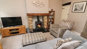 A cozy living room with a fireplace, striped armchairs, a television, and a bookshelf. - 9 Tower Street (Richmond)
