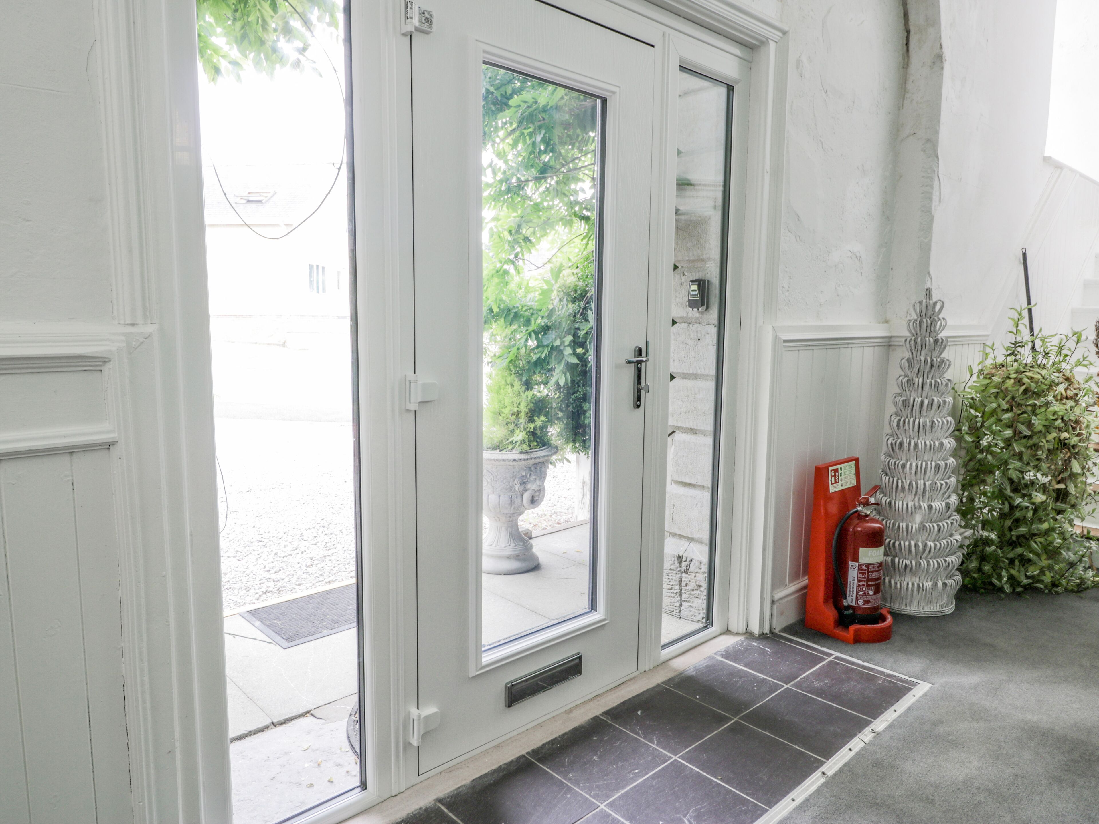 A white door with a glass panel, a fire extinguisher, and a potted plant.