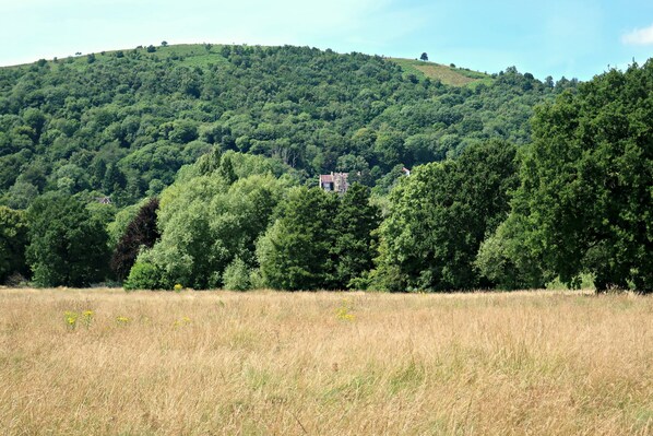 A hilltop house surrounded by dense forest. - Haslington House (Malvern)