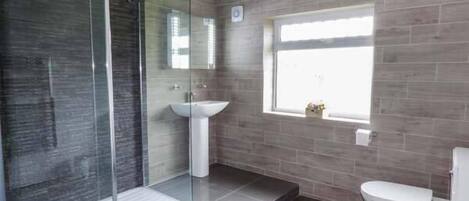 A modern bathroom with a glass shower enclosure, a pedestal sink, and a toilet.