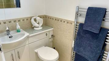 A bathroom with a sink, toilet, and towel rack.