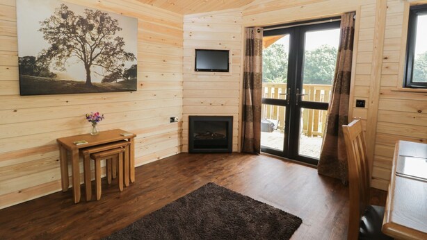 A cozy cabin interior with wooden walls, a fireplace, a TV mounted on the wall, and a large window with curtains. - Hayfields (King's Lynn)