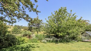 Un jardín exuberante con diversos árboles y arbustos, un invernadero y un cielo azul despejado.