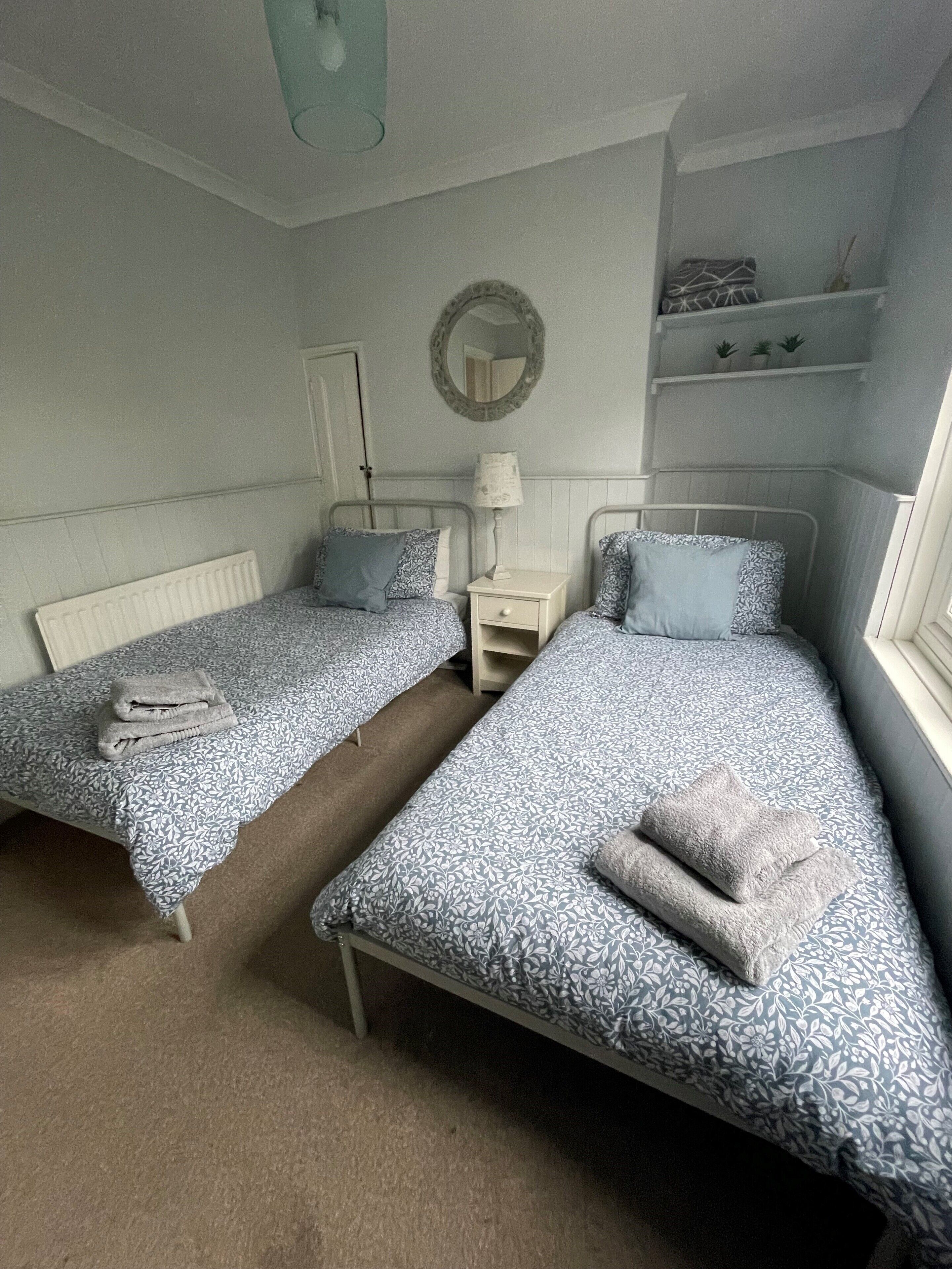 A bedroom with two single beds, a bedside table with a lamp, a mirror on the wall, and a shelf with small plants.