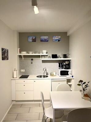 Standard Studio | Private kitchen | Fridge, microwave, stovetop, coffee/tea maker - Egils Studio Apartments (Borgarnes)
