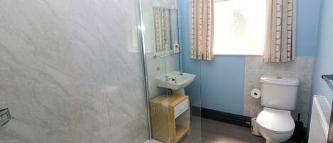 A bathroom with a shower, sink, toilet, and a window with curtains.