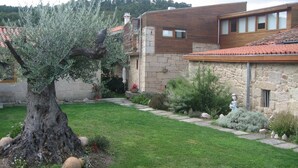 Una casa de piedra con techo de tejas, un sendero de piedra y un olivo grande.