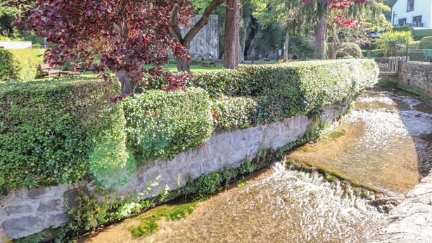 A stone wall with a water channel, surrounded by greenery and trees with red leaves. - Llidiart Cerrig (Rhyl)