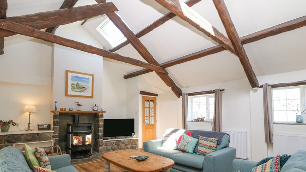 A cozy living room with a fireplace, a television, and a comfortable seating area. - Glan Felin (Pwllheli)
