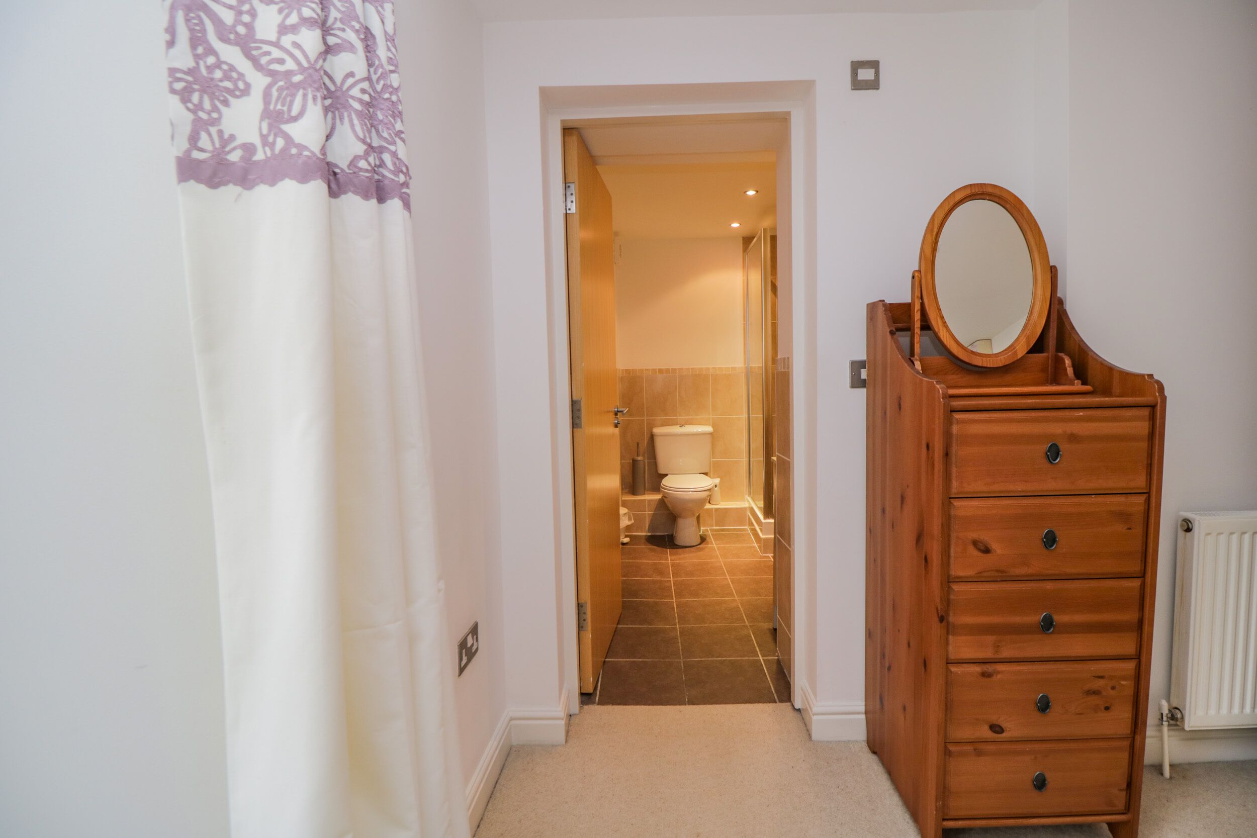 Une salle de bain comprenant des toilettes, une commode en bois avec un miroir et un espace douche.