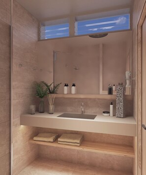 Chambre Supérieure | Salle de bain | Douche, douche à « effet pluie », articles de toilette gratuits