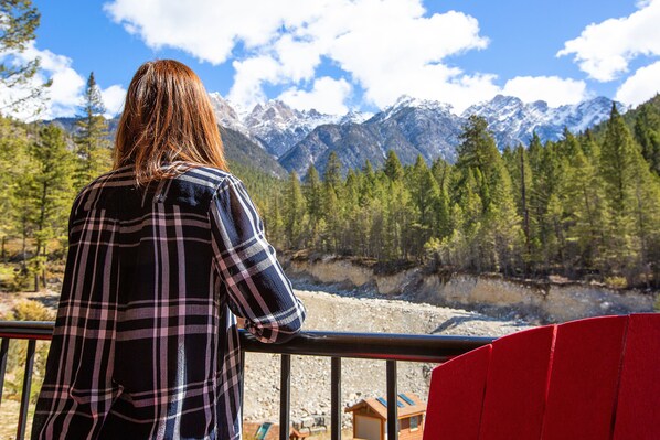 Una persona de pie junto a una barandilla con vistas a un paisaje montañoso con un río y un bosque.