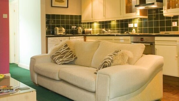 A compact living space with a sofa, kitchenette, and a small dining area. - Park View (Windermere)