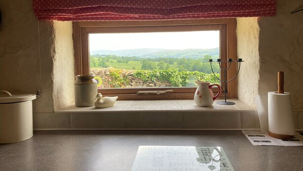 Una cocina con vista a un viñedo, un jarro de cerámica blanca, un patito de cerámica y un candelabro blanco.