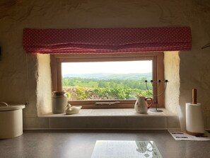 A kitchen with a window view of a vineyard, a white ceramic pitcher, a ceramic duck, and a white candle holder. - The Granary (Carnforth)