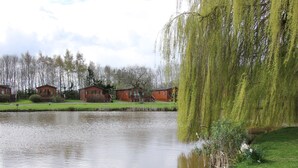 Una vista tranquila de un lago con cabañas de madera y un sauce llorón.
