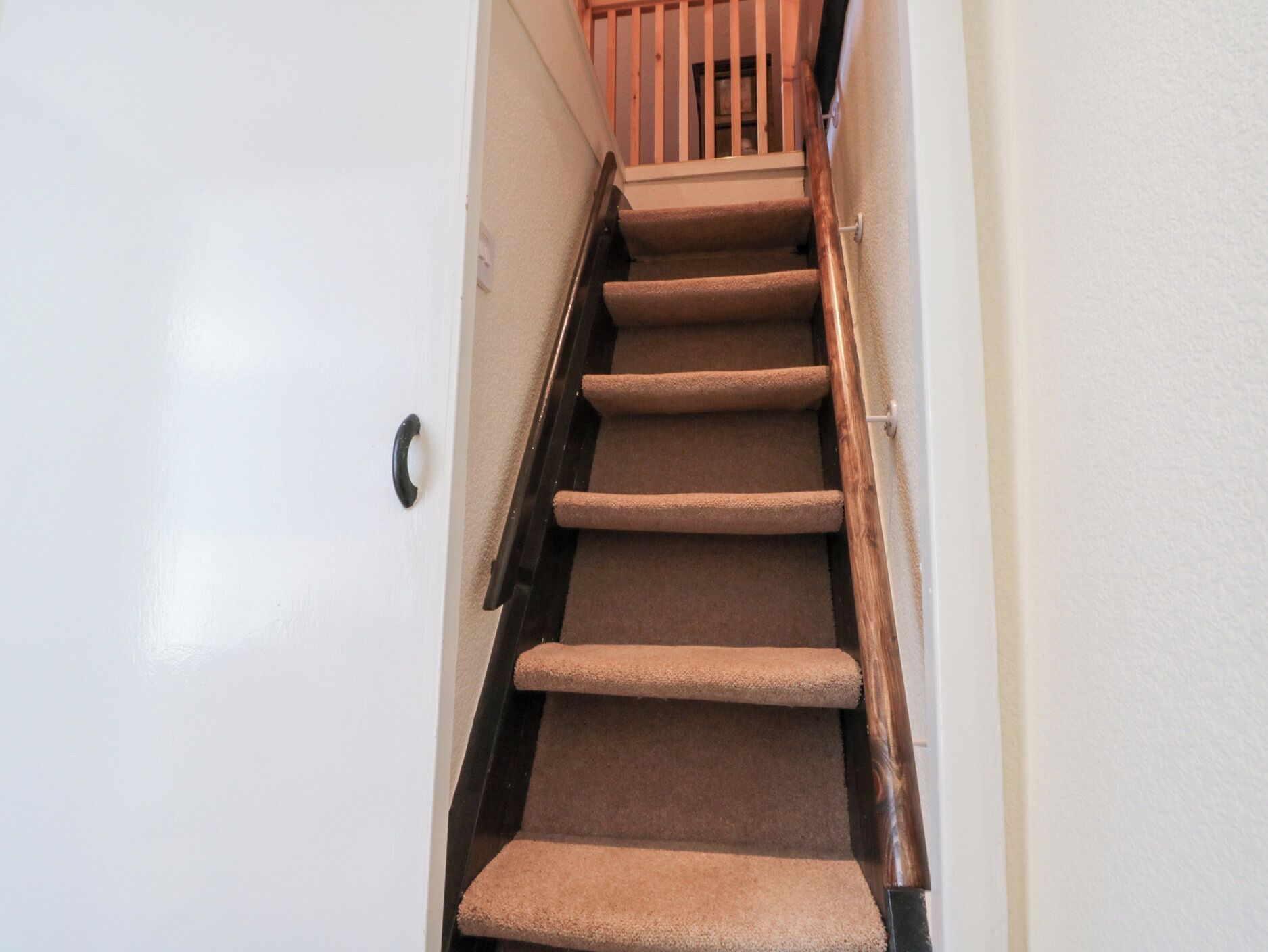 A carpeted staircase with wooden handrails and a white door at the bottom.