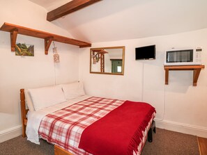 A bedroom with a bed, a television, a microwave, and a mirror.