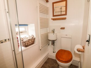 A bathroom with a toilet, a sink, a mirror, and a shower.