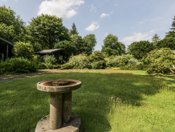 Ein Garten mit einem Vogelbad aus Stein, üppigem Grün und einer Holzkonstruktion im Hintergrund.