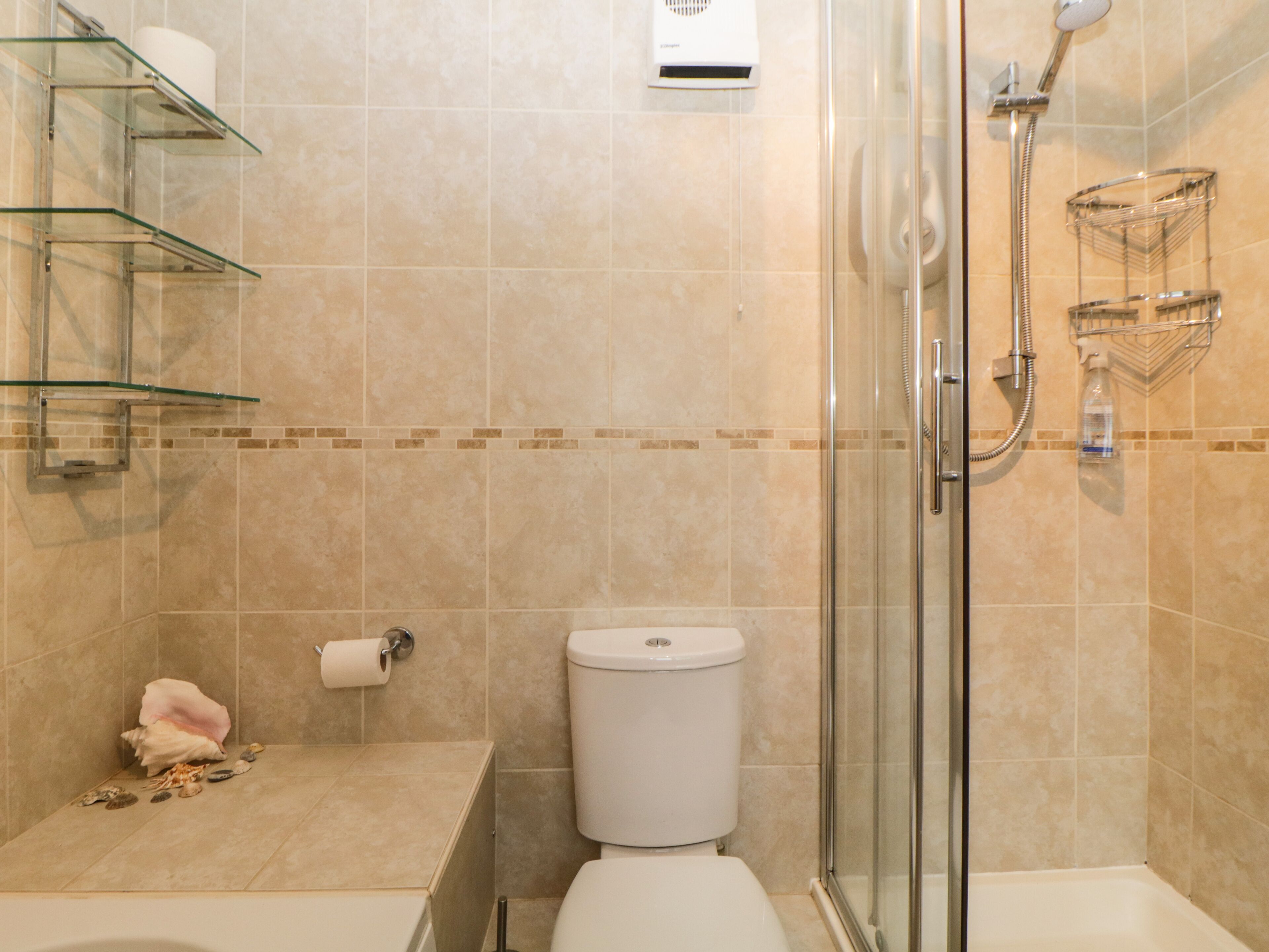 A bathroom with a glass shower enclosure, a toilet, and a glass shelf unit.