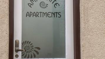 Une porte dotée d’un panneau en verre dépoli sur lequel est inscrit le texte « AMMONITE APARTMENTS » et ornée d’un motif floral décoratif.