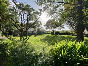 A lush green field with trees and a stone building in the background.