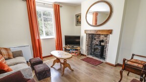 Una sala de estar acogedora con chimenea, televisor y asientos cómodos.