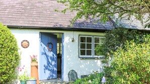 A house with a blue door, a window, and a garden with various plants and flowers. - Hawthorn Cottage (Llandysul)