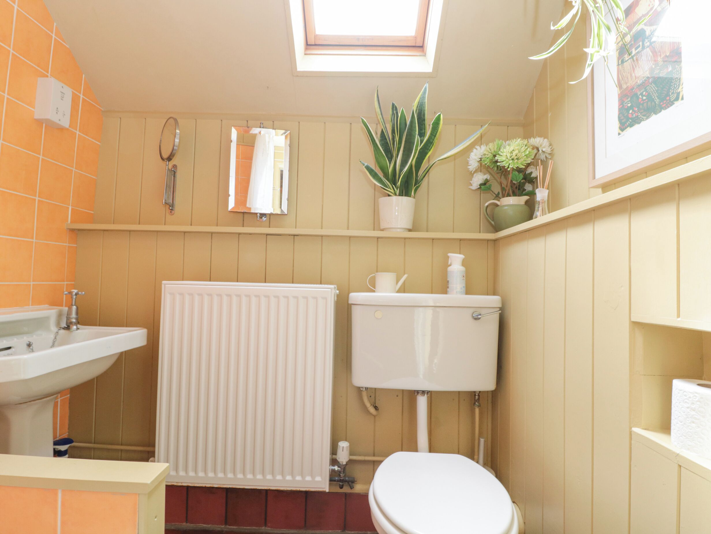 A bathroom with a white sink, toilet, and radiator. There is a skylight above the toilet and a plant on the wall.