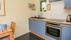 A kitchen with blue cabinets, a stainless steel oven, and a wooden countertop. - The Garden Flat (Fort William)