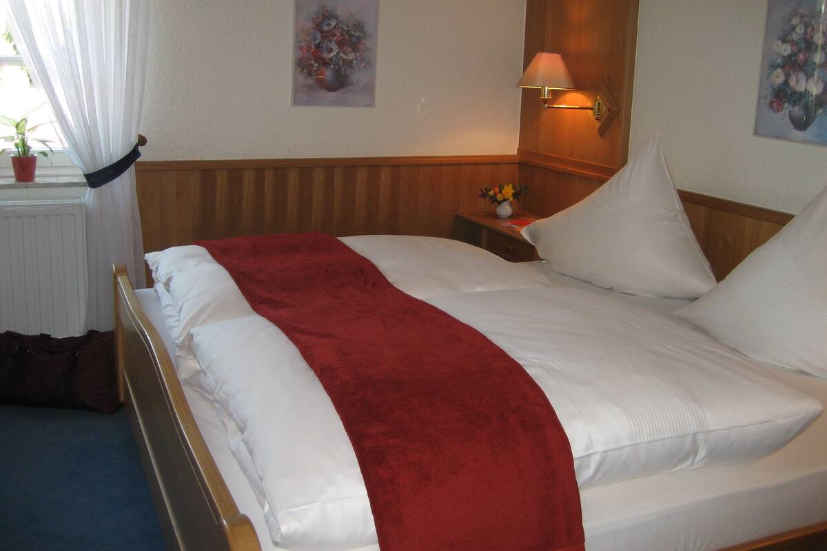 A hotel room with a bed, a nightstand with a lamp, a potted plant, and two floral paintings on the walls.