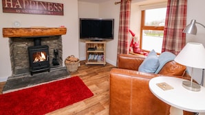 A cozy living room with a stone fireplace, a television, a red rug, and a leather sofa. - Bank House (Newcastle Emlyn)