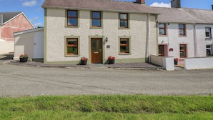 A two-story house with a front door, windows, and a chimney. - Bank House (Newcastle Emlyn)