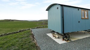 A small, single-story blue cottage with a window and a door, situated on a gravel path with a stone wall on one side and a grassy field in the background. - Llety'r Bugail (Maesteg)
