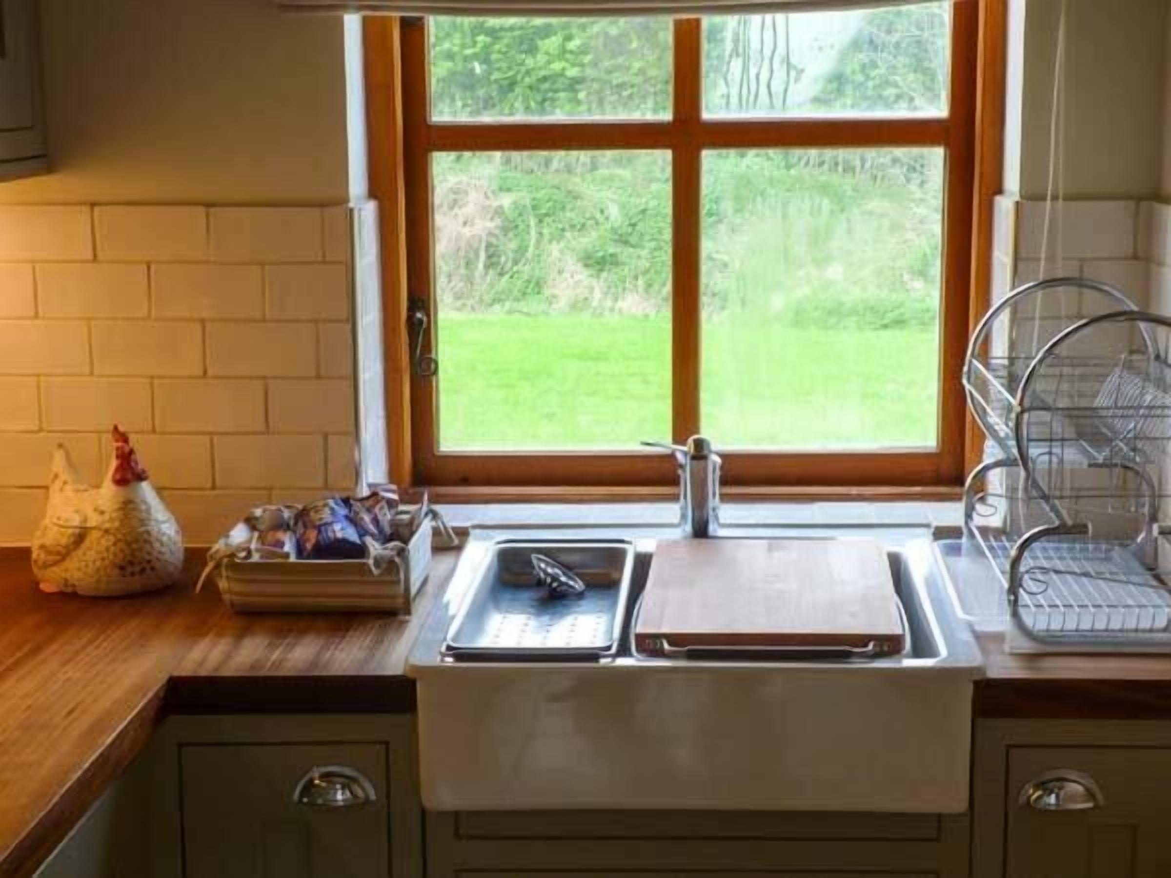 Una cocina con ventana, un lavabo, un escurreplatos y una bolsa de pollo.