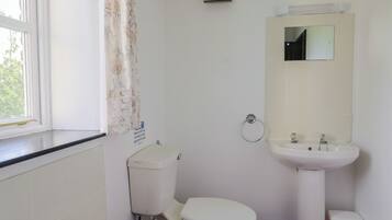 A small, basic bathroom with a toilet, sink, and a shower area.