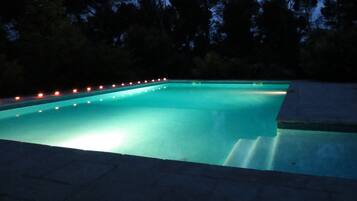 Seasonal outdoor pool, open 10 AM to 7 PM, sun loungers
