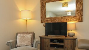 A living room with a grey armchair, a wooden cabinet with a flat-screen TV, and a wall-mounted mirror. - Heron Cottage (Ilfracombe)